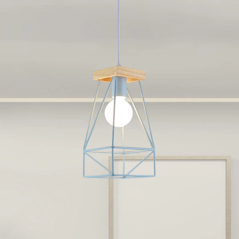 Abat-jour cage en métal suspension moderne nordique 1 tête salon plafonnier en noir/bleu Clearhalo