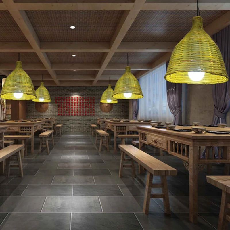 Abat-jour cloche en bambou tricoté, luminaire suspendu rustique à 1 tête, éclairage pour restaurant Clearhalo