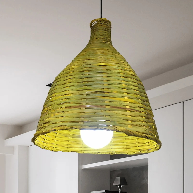 Abat-jour cloche en bambou tricoté, luminaire suspendu rustique à 1 tête, éclairage pour restaurant Clearhalo