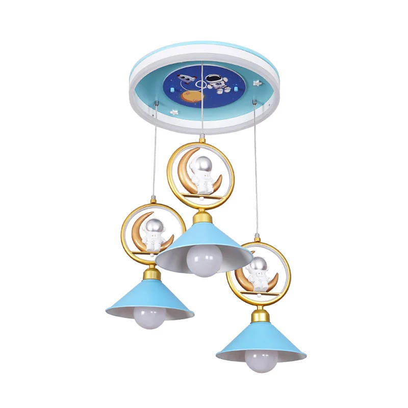 Abat-jour conique Multi plafonnier dessin animé métal 3 ampoules bleu suspension luminaire avec lune et astronaute déco Cl...