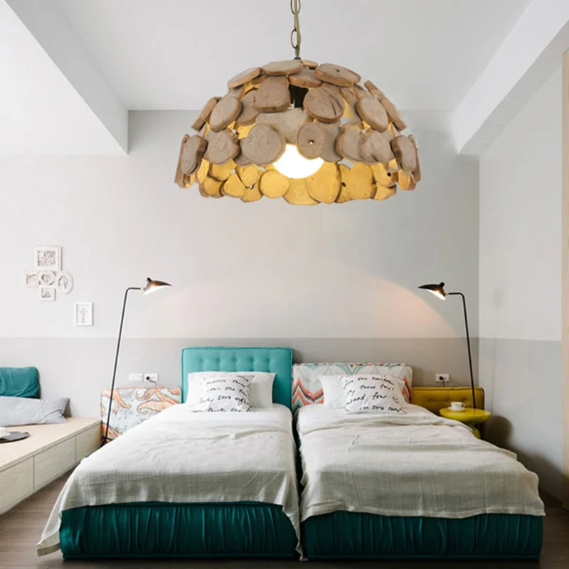 Abat-jour en forme de dôme en bois, lampe suspendue Vintage à lumière unique en bois naturel avec chaîne réglable Clearhalo