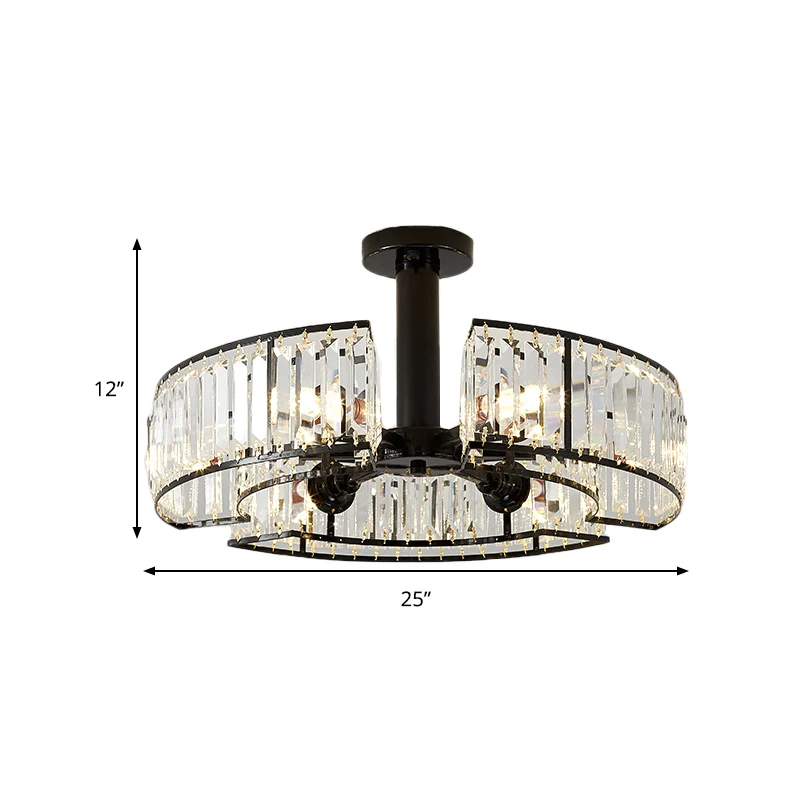 Abat-jour tambour en bloc de cristal, éclairage semi-monté, Vintage, 6 têtes, éclairage proche du plafond, noir Clearhalo