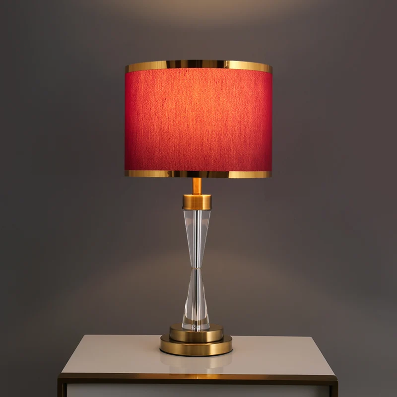 Abat-jour en tissu rouge, lampe de Table ronde à 1 tête, lampe de nuit traditionnelle en cristal pour le salon Clearhalo