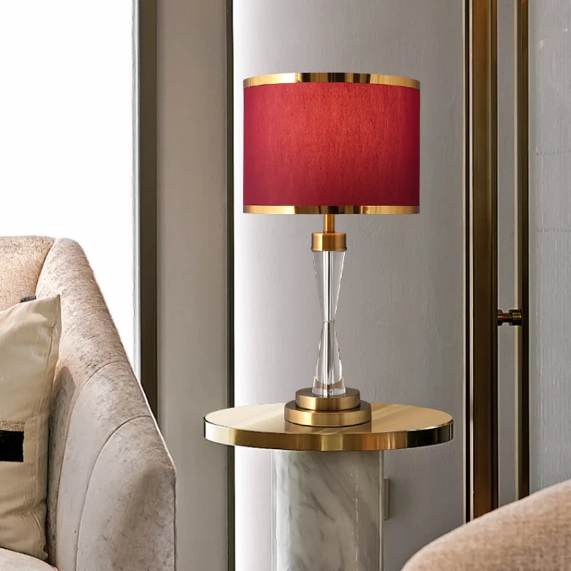 Abat-jour en tissu rouge, lampe de Table ronde à 1 tête, lampe de nuit traditionnelle en cristal pour le salon Clearhalo
