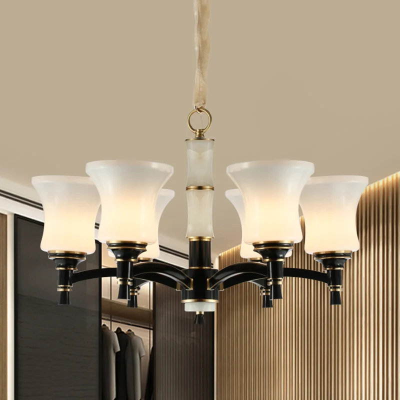 Abat-jour évasé noir suspendu, Style traditionnel, verre dépoli, lustre de salon à 6/8 têtes Clearhalo