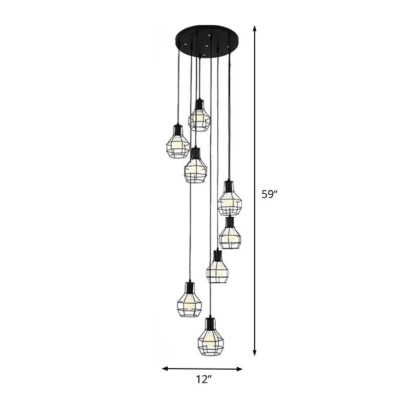 6 ampoules Globe Cage suspendue éclairage industriel noir métal multi lumière pendentif avec conception en spirale Clearhalo