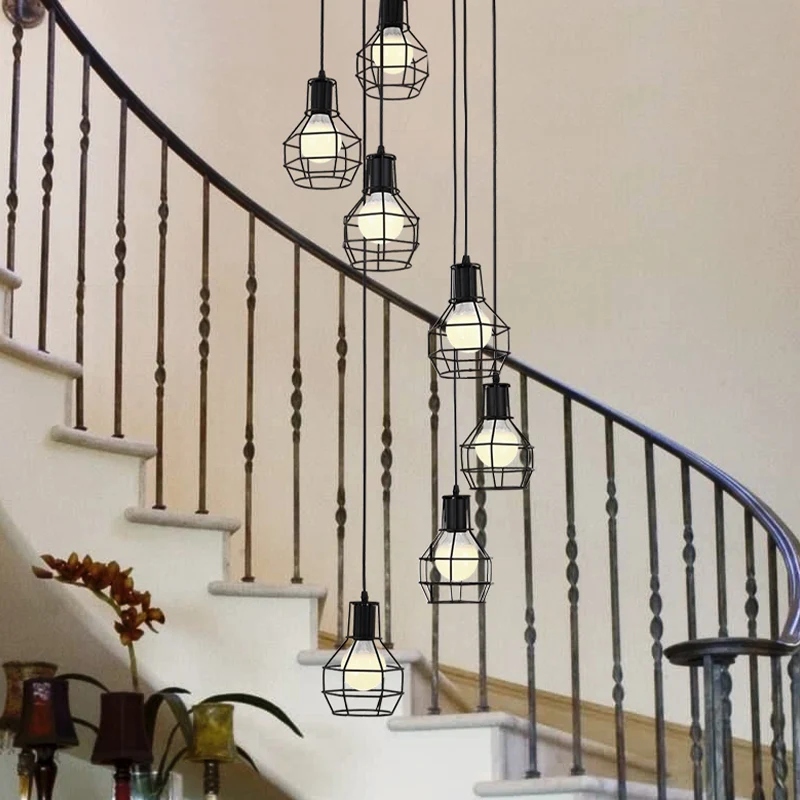 6 ampoules Globe Cage suspendue éclairage industriel noir métal multi lumière pendentif avec conception en spirale Clearhalo