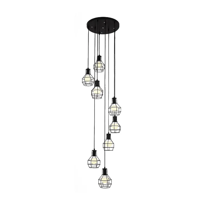 6 ampoules Globe Cage suspendue éclairage industriel noir métal multi lumière pendentif avec conception en spirale Clearhalo