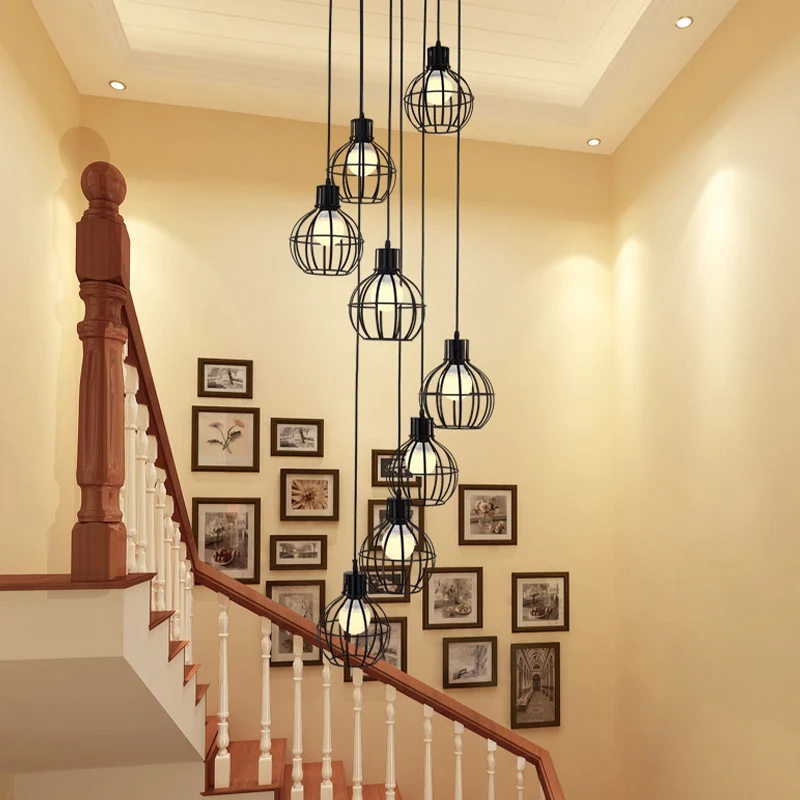 6 ampoules Globe Cage suspendue éclairage industriel noir métal multi lumière pendentif avec conception en spirale Clearhalo
