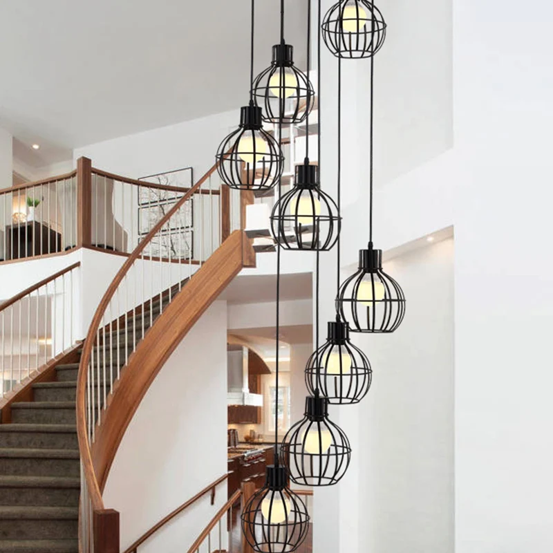 6 ampoules Globe Cage suspendue éclairage industriel noir métal multi lumière pendentif avec conception en spirale Clearhalo