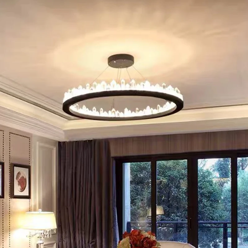 Anneau d'éclairage de plafond LED pour salon, lustre métallique postmoderne avec cristal décoratif en noir Clearhalo