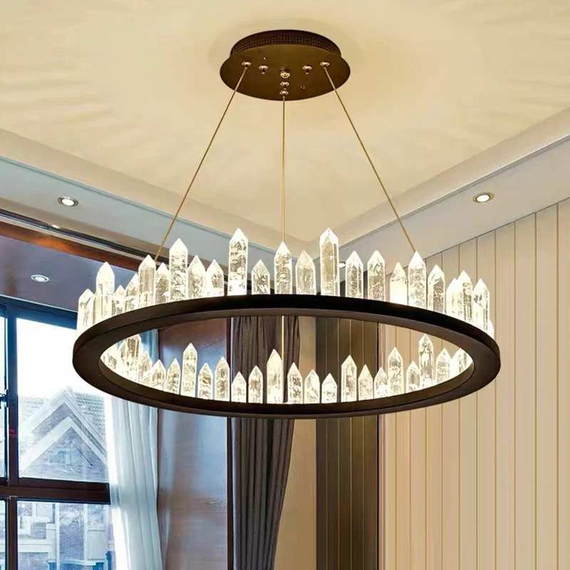 Anneau d'éclairage de plafond LED pour salon, lustre métallique postmoderne avec cristal décoratif en noir Clearhalo