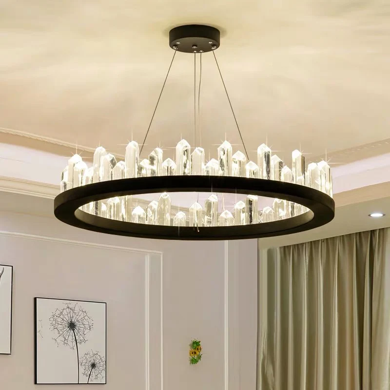 Anneau d'éclairage de plafond LED pour salon, lustre métallique postmoderne avec cristal décoratif en noir Clearhalo