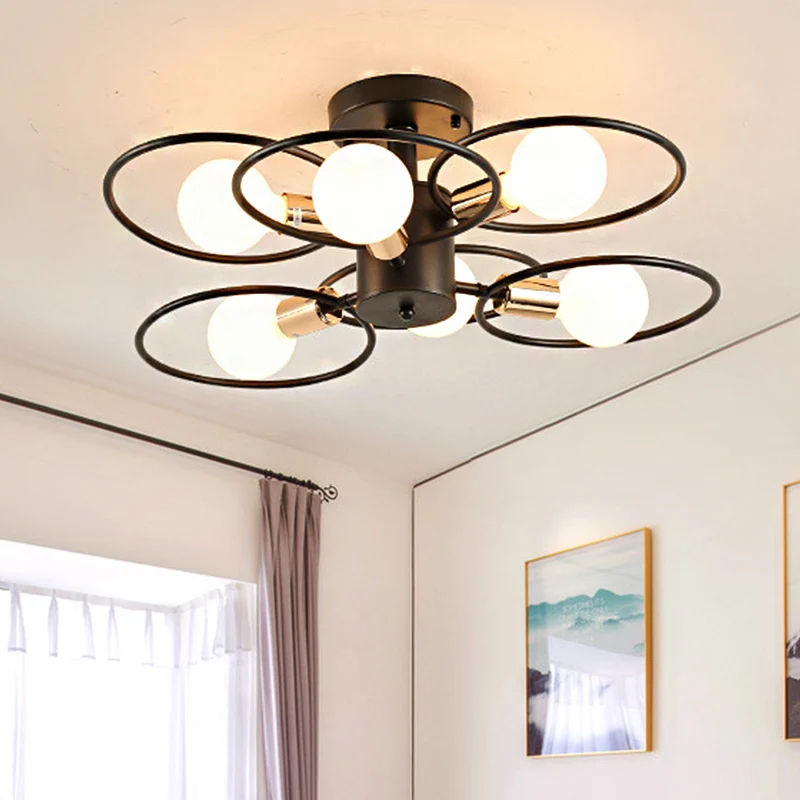 Anneau Semi-monté pour chambre à coucher, éclairage traditionnel en métal, 3/6/9 lumières, plafonnier noir Clearhalo
