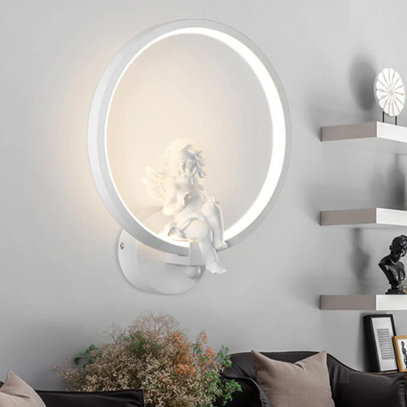 Applique annulaire artistique avec petit ange, applique murale en résine métallique pour chambre à coucher, miroir, salle...