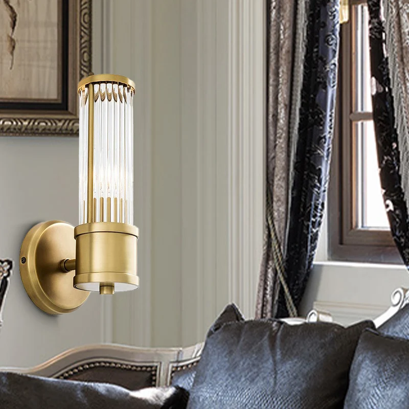 Applique cylindrique contemporaine en cristal doré, 1/2 ampoules, luminaire mural pour salon Clearhalo