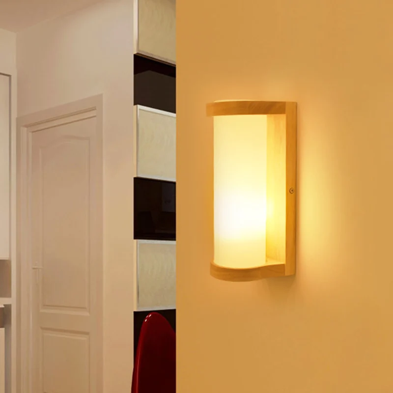 Applique cylindrique en verre crème, éclairage de Style japonais, applique murale en bois à 1 lumière pour coin Clearhalo