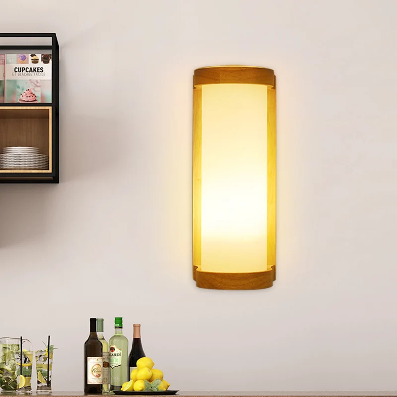 Applique cylindrique en verre crème, éclairage de Style japonais, applique murale en bois à 1 lumière pour coin Clearhalo