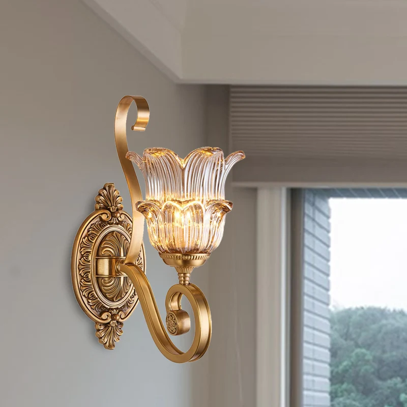 Applique florale en laiton, luminaire Vintage en verre prismatique transparent, 1/2 lumières, lampe murale LED pour salon...