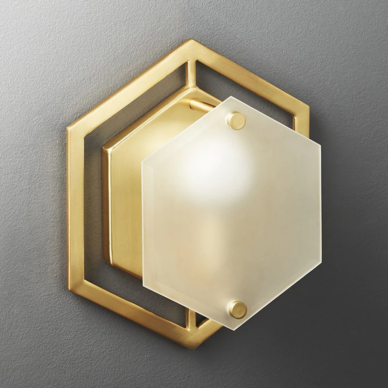 Applique hexagonale en métal traditionnel, 1 tête, luminaire mural doré pour couloir Clearhalo
