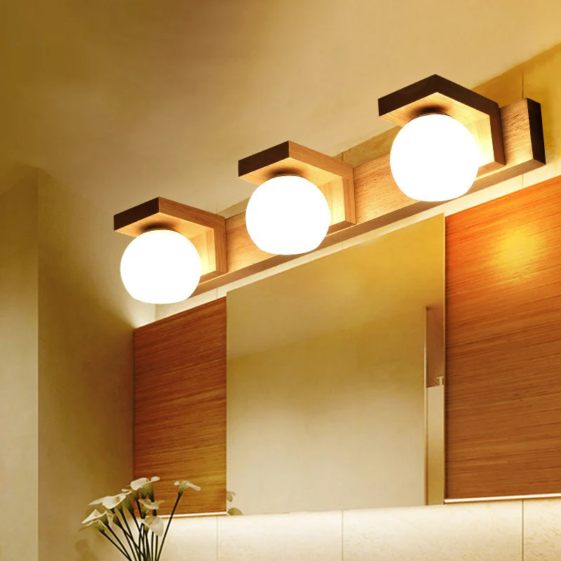 Applique linéaire en bois pour salle de bain, 2/3 têtes, lampe murale nordique avec abat-jour en verre opale boule Clearhalo
