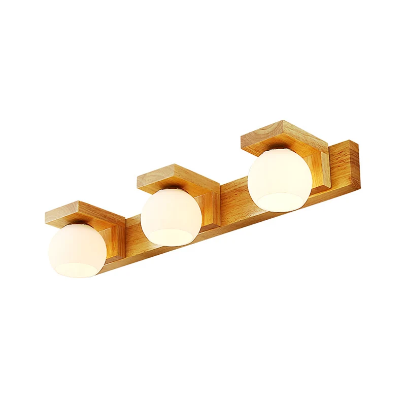 Applique linéaire en bois pour salle de bain, 2/3 têtes, lampe murale nordique avec abat-jour en verre opale boule Clearhalo