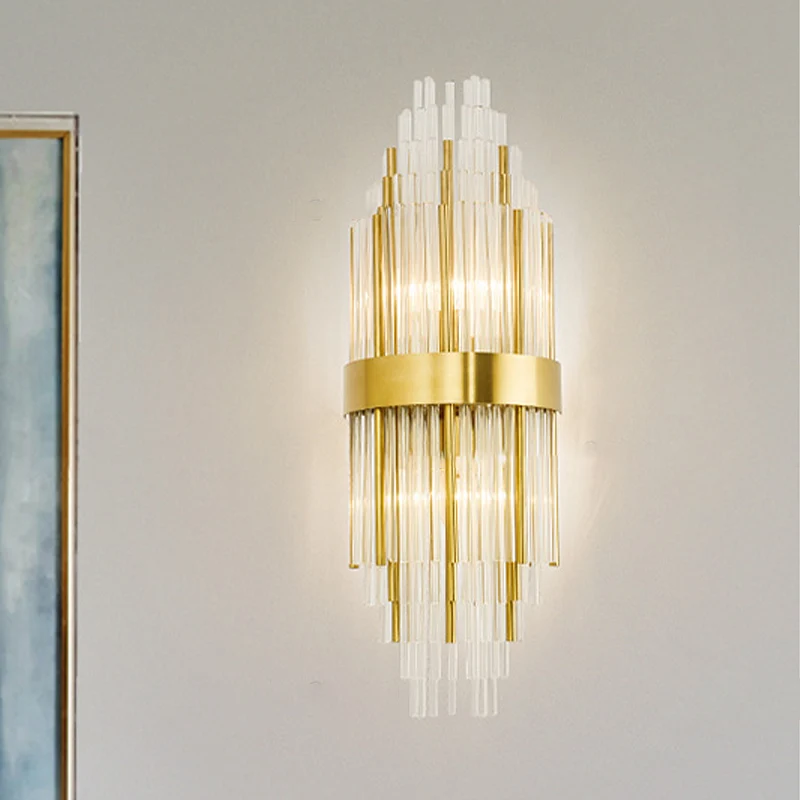 Applique moderne en couches à 2 lumières, lampe murale en cristal dorée pour le salon Clearhalo