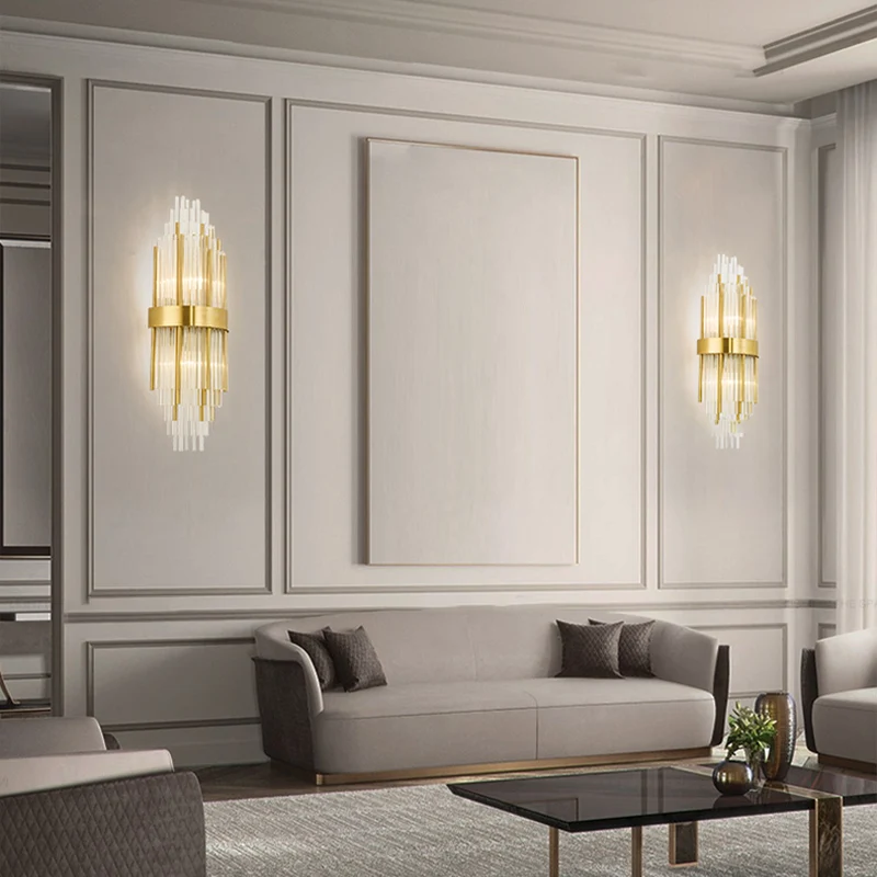 Applique moderne en couches à 2 lumières, lampe murale en cristal dorée pour le salon Clearhalo