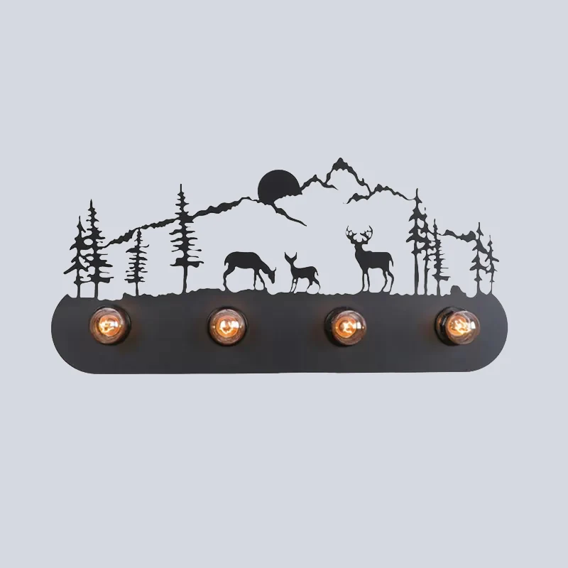 Applique murale à ampoule ouverte Lodge avec motif élan/cheval/mouton/montagne/moulin à vent/arbre 4 ampoules applique mur...