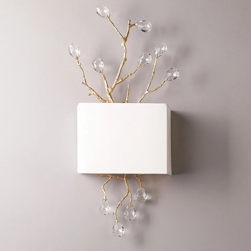 Applique murale à 2 ampoules, branche blanche, luminaire minimaliste en perles de cristal avec abat-jour en tissu Clearhalo