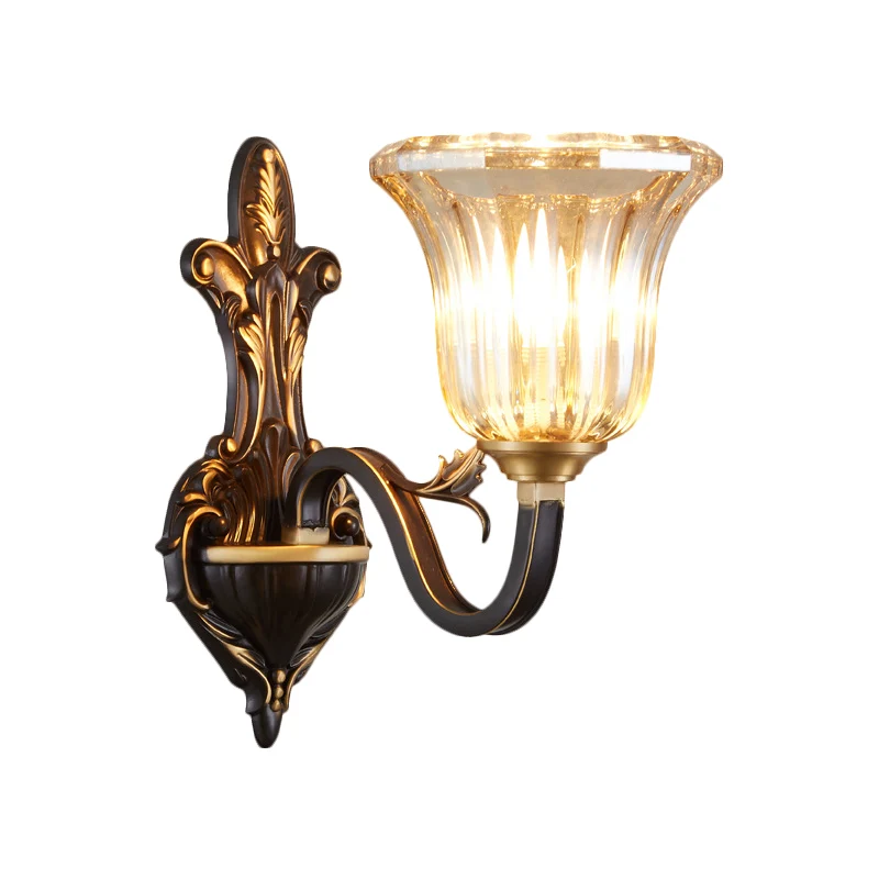 Applique murale antique à cloche inversée, luminaire mural en verre nervuré à 1/2 lumières avec bras courbé en laiton Clea...