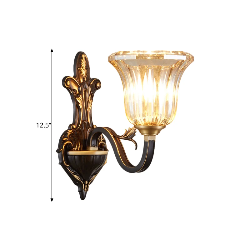 Applique murale antique à cloche inversée, luminaire mural en verre nervuré à 1/2 lumières avec bras courbé en laiton Clea...