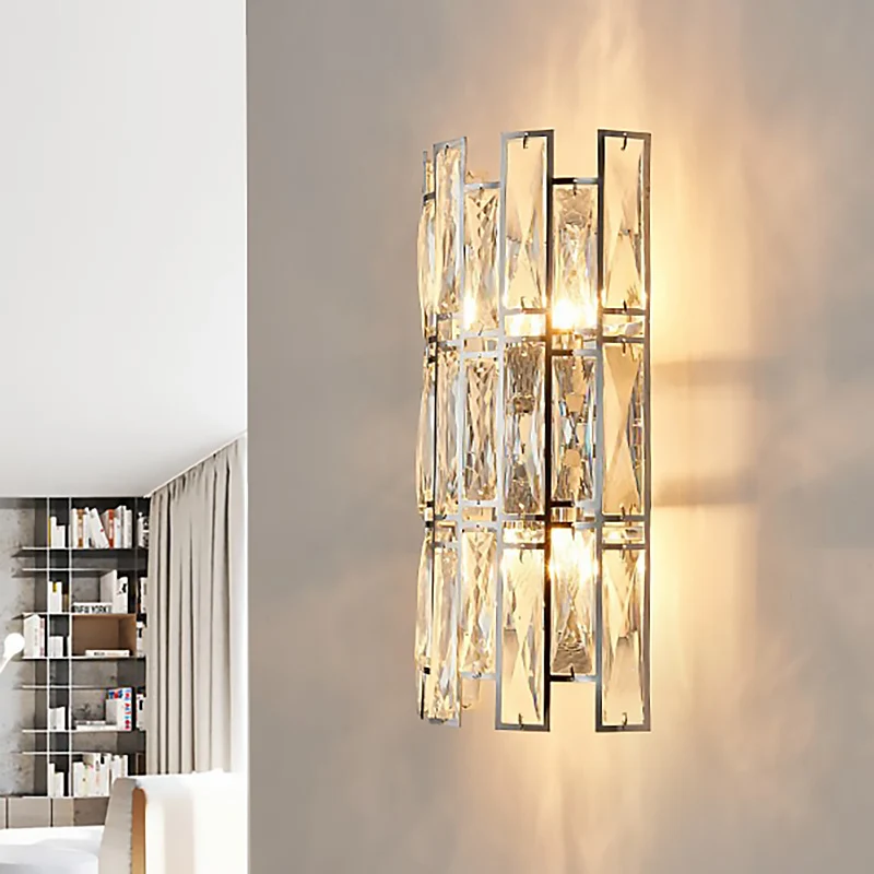 Applique murale en bloc de cristal transparent, style moderniste, 4 lumières, finition dorée, pour couloir, 11"/17" de lar...