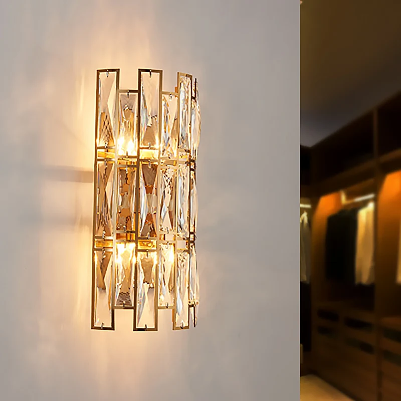 Applique murale en bloc de cristal transparent, style moderniste, 4 lumières, finition dorée, pour couloir, 11"/17" de lar...