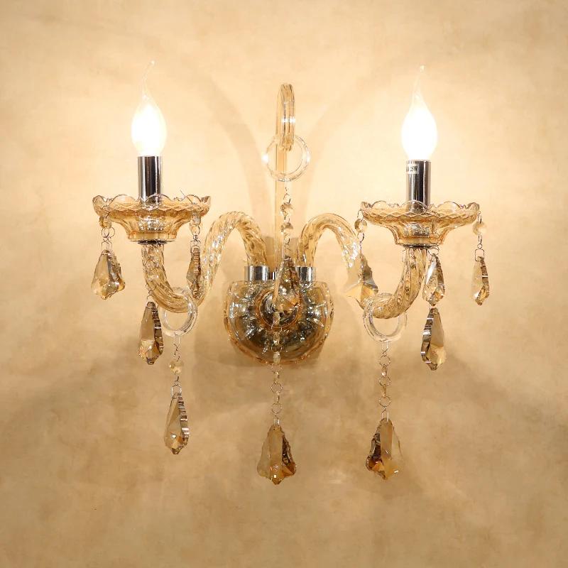 Applique murale bougie en cristal cognac, 2 ampoules antiques, applique de salon avec bras en verre incurvé Clearhalo