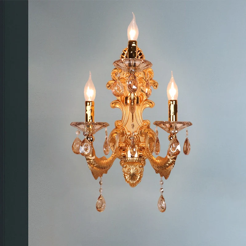 Applique murale candélabre à 3 têtes, luminaire mural traditionnel en forme de gouttelettes de cristal doré avec abat-jour...