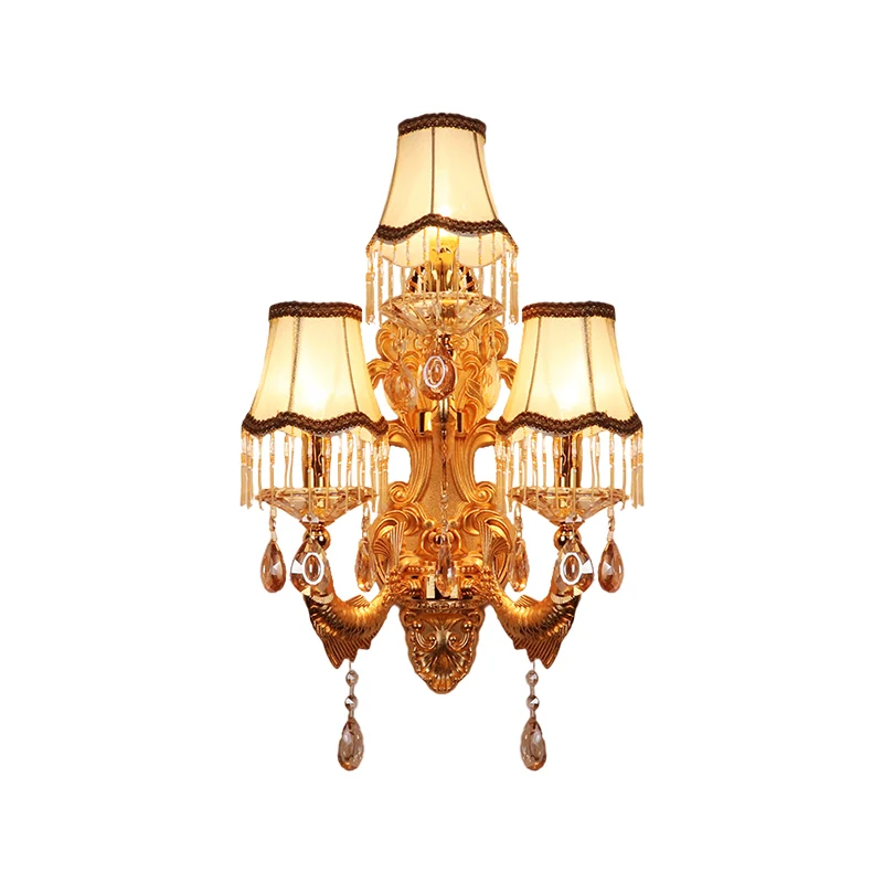 Applique murale candélabre à 3 têtes, luminaire mural traditionnel en forme de gouttelettes de cristal doré avec abat-jour...