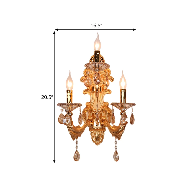 Applique murale candélabre à 3 têtes, luminaire mural traditionnel en forme de gouttelettes de cristal doré avec abat-jour...