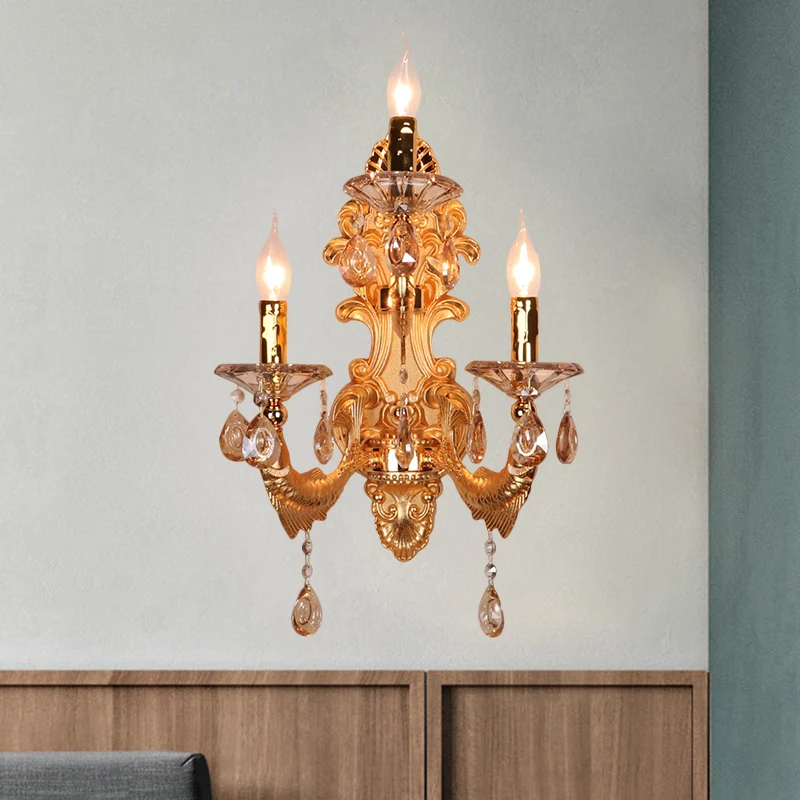 Applique murale candélabre à 3 têtes, luminaire mural traditionnel en forme de gouttelettes de cristal doré avec abat-jour...