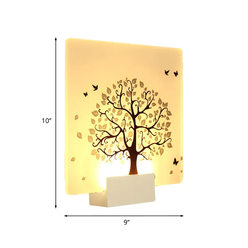 Applique murale carrée blanche en forme d'arbre et d'oiseau, Style nordique, LED en acrylique, lampe murale pour salon Cle...