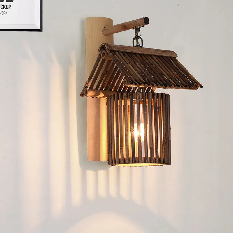 Applique murale de chambre à coucher à 1 ampoule avec abat-jour en bambou pour maison, éclairage mural élégant et Beige Cl...