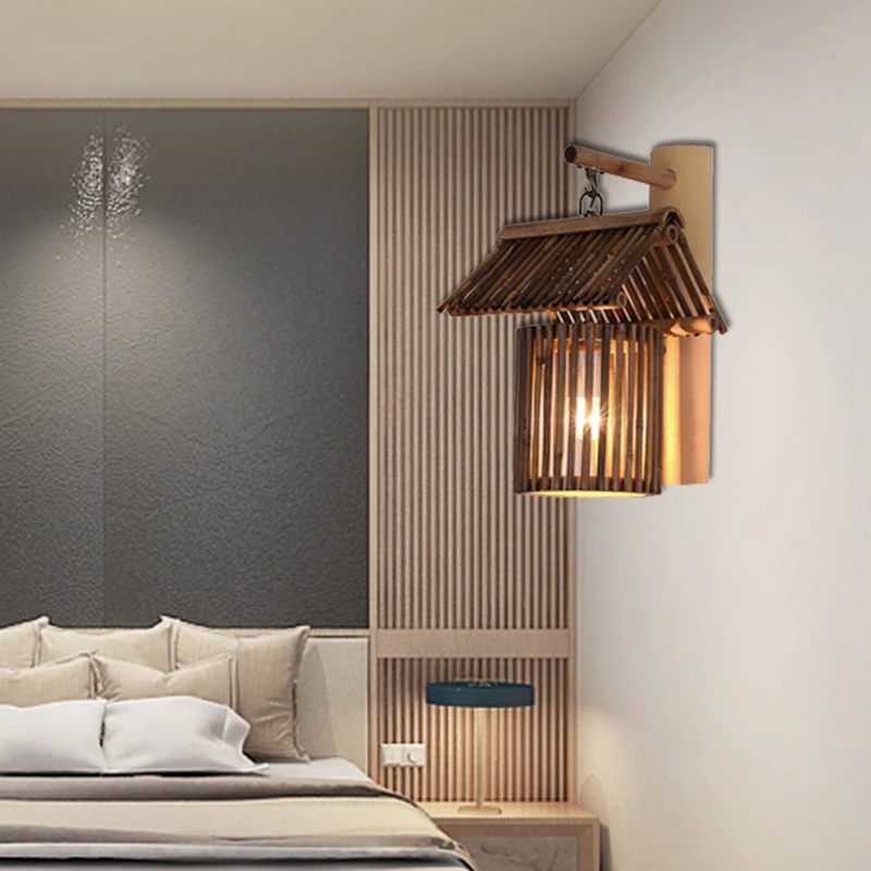 Applique murale de chambre à coucher à 1 ampoule avec abat-jour en bambou pour maison, éclairage mural élégant et Beige Cl...