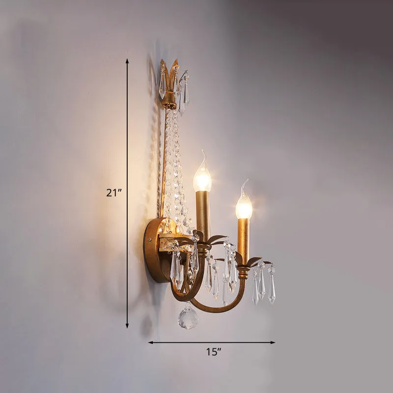 Applique murale chandelier à 2 têtes, éclairage mural rustique en fer doré antique avec accents de cristal Clearhalo