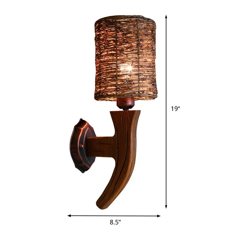Applique murale chinoise en bois armé, 1 ampoule, luminaire marron avec abat-jour cylindrique en rotin Clearhalo