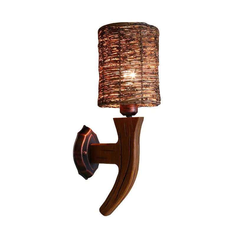 Applique murale chinoise en bois armé, 1 ampoule, luminaire marron avec abat-jour cylindrique en rotin Clearhalo
