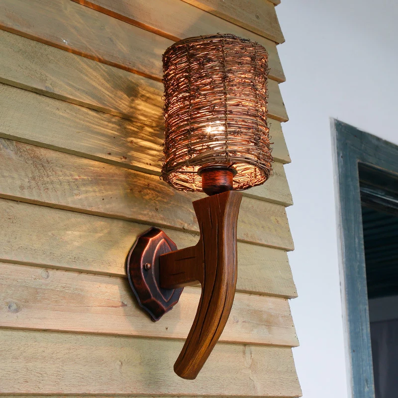 Applique murale chinoise en bois armé, 1 ampoule, luminaire marron avec abat-jour cylindrique en rotin Clearhalo