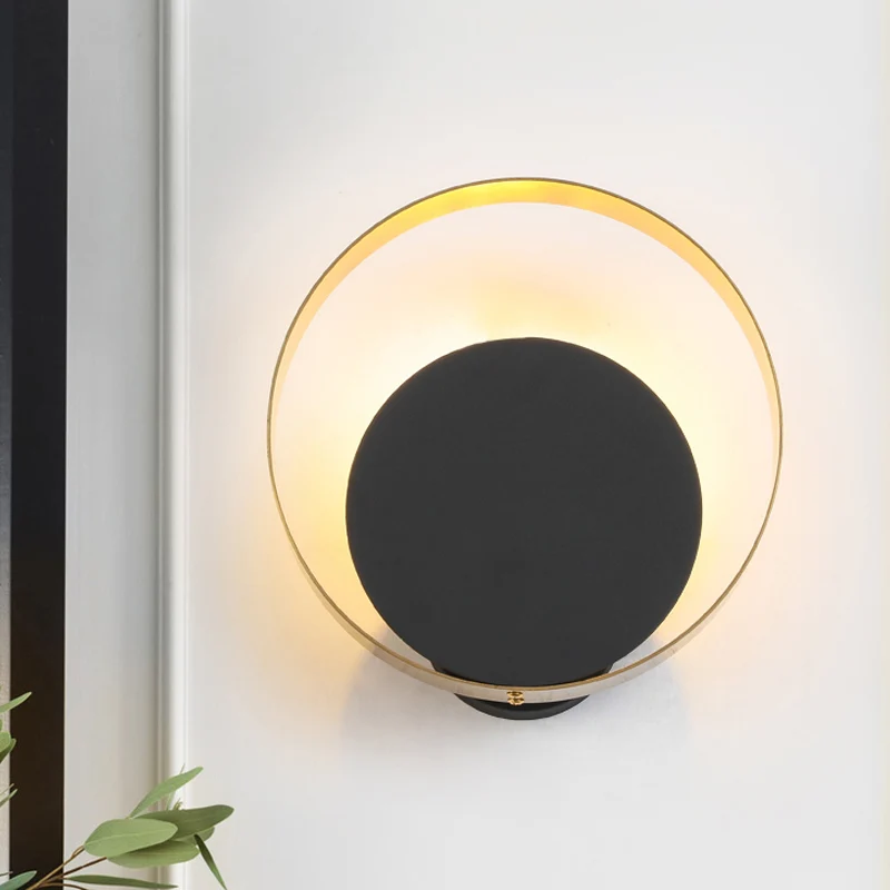 Applique murale circulaire à LED en acrylique minimale pour chambre à coucher en noir avec chaîne de traction Clearhalo