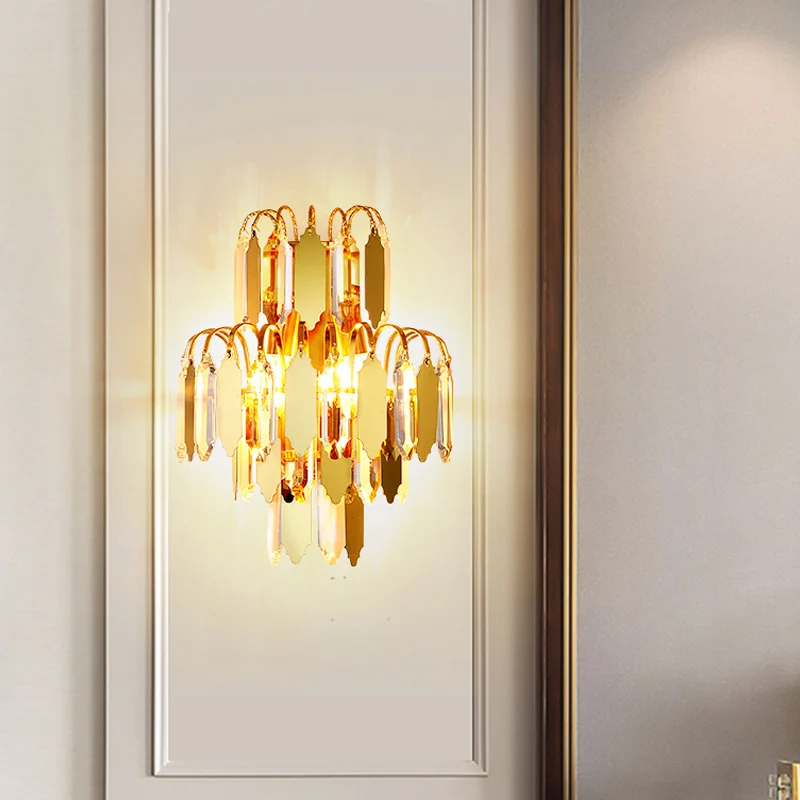 Applique murale classique à 2 lumières en bloc de cristal pour salon, dorée Clearhalo