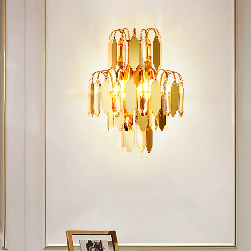 Applique murale classique à 2 lumières en bloc de cristal pour salon, dorée Clearhalo