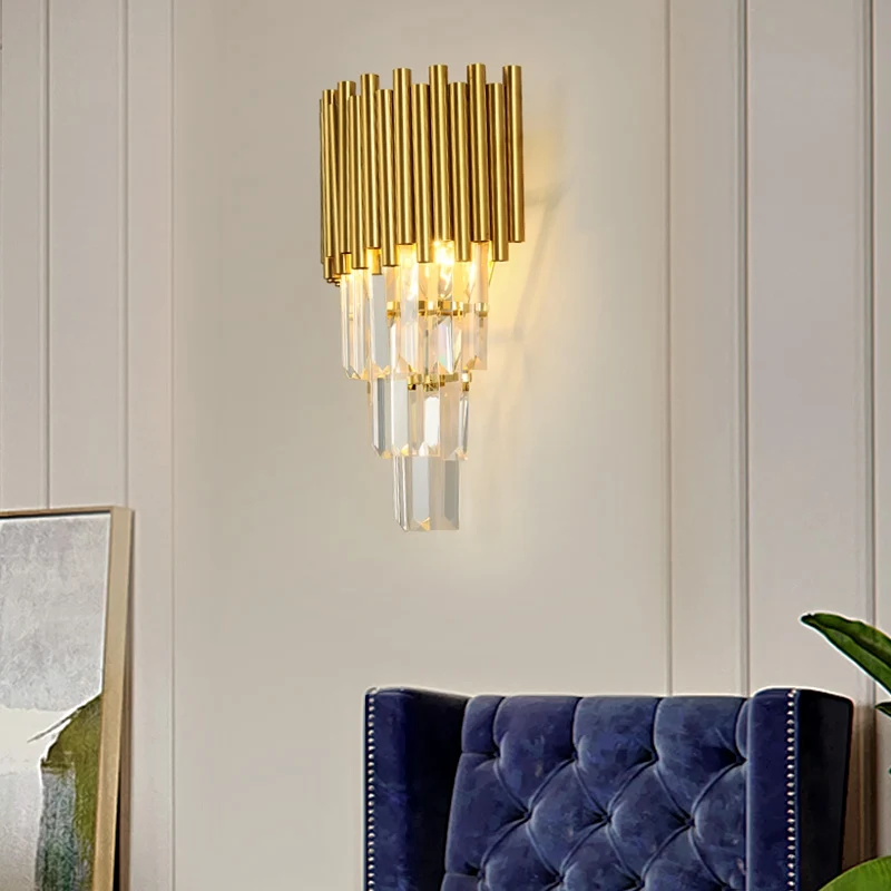 Applique murale conique moderne à 2 lumières, prisme triangulaire en cristal doré, pour salon Clearhalo
